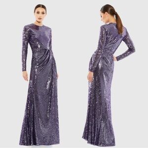 Mac Duggal 10824 Sequined High Neck Long Sleeve Draped Gown Size 10 NWT Amethyst